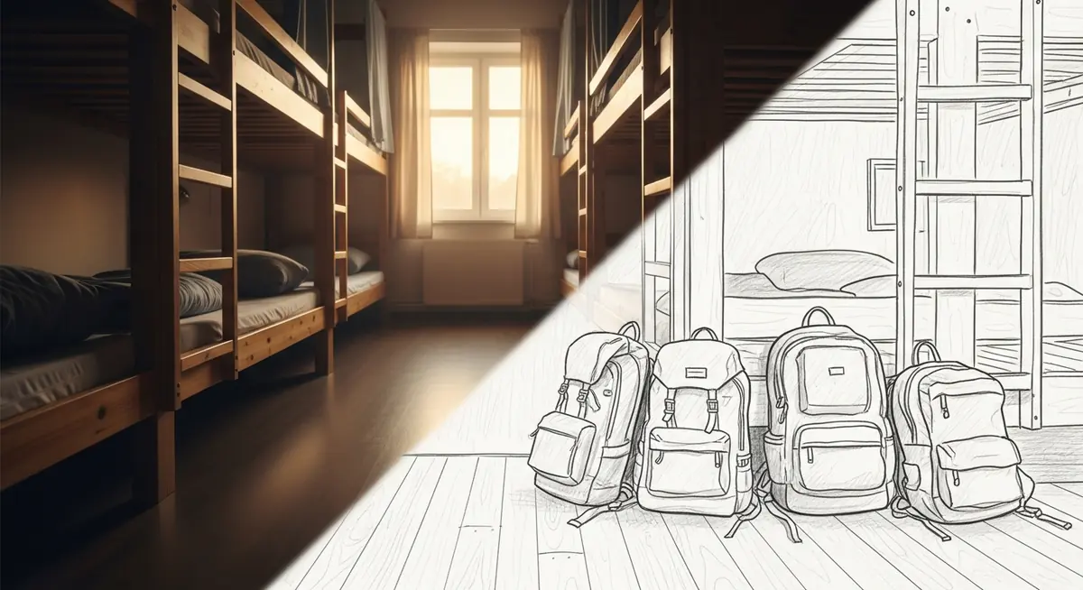 Dortoir d'auberge de jeunesse au petit matin, sacs alignés au sol